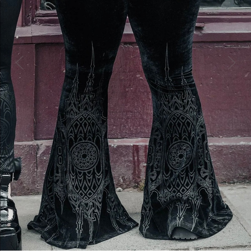NWOT Killstar black velour cathedral print size L flare pants